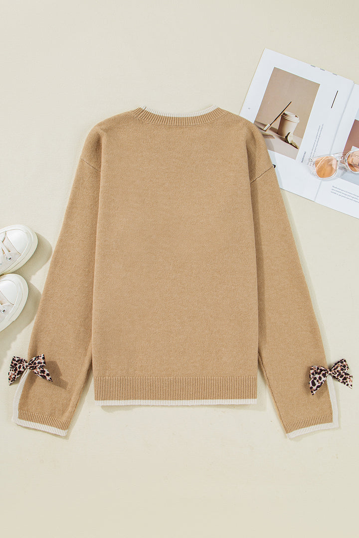 Leopard Bow Decor Split Cuff Contrast Trim Sweater