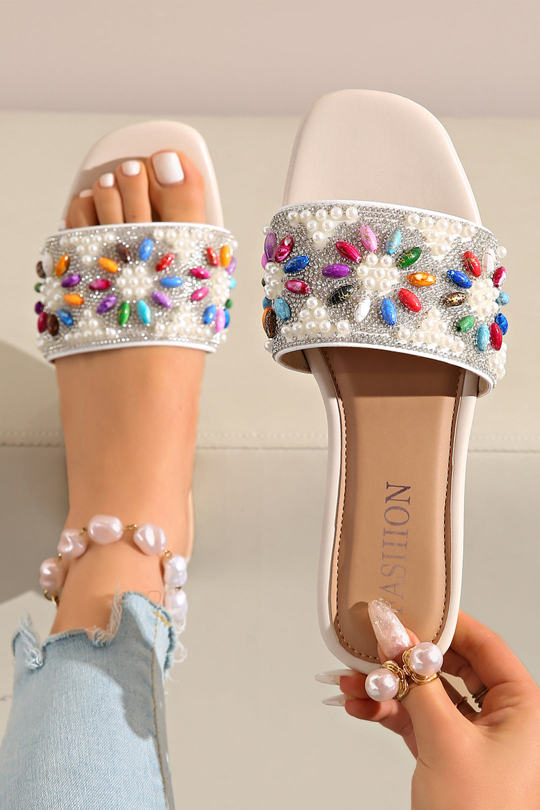 Rhinestone Pearl Decoration Square Head Beach Slippers
