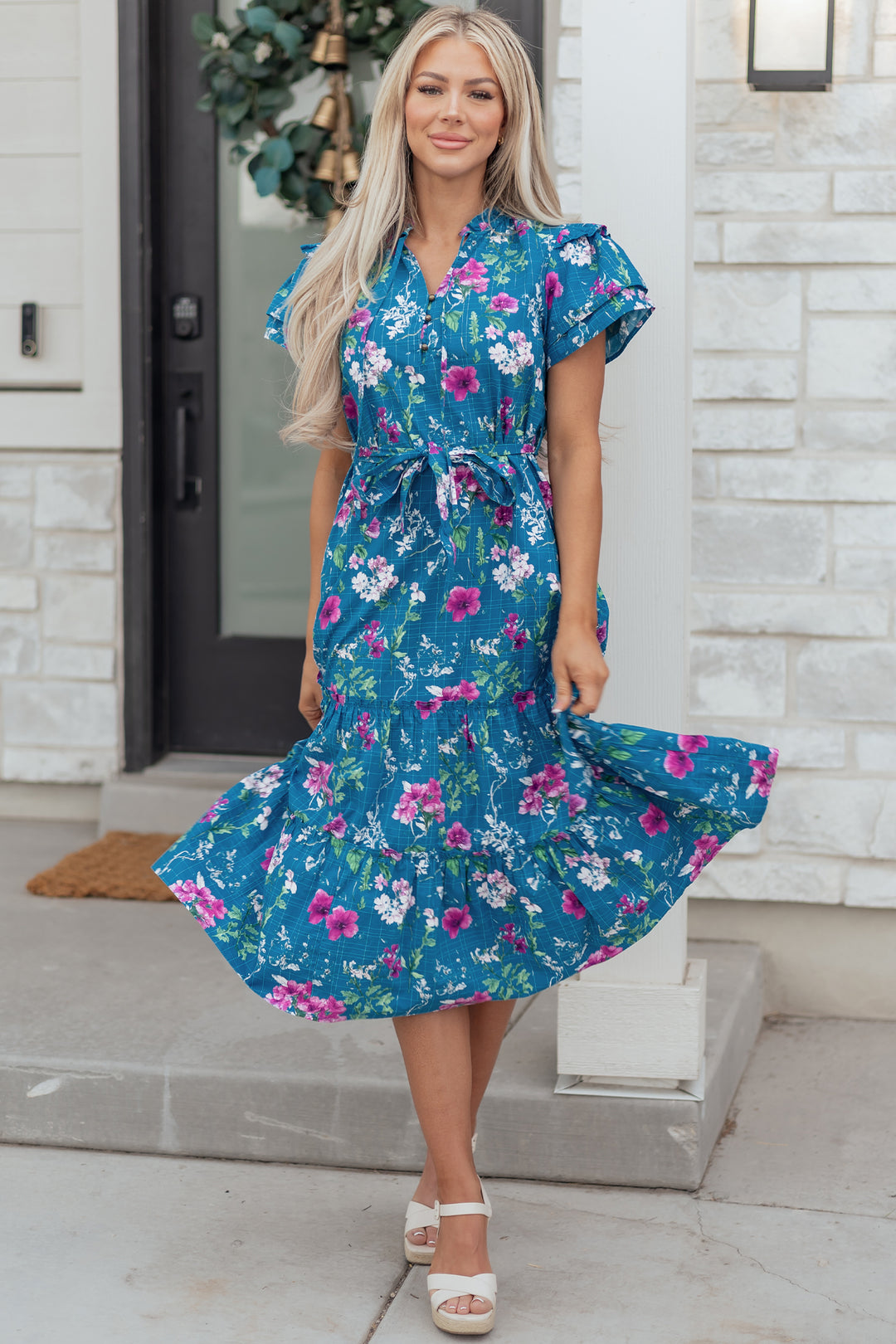 Floral Flutter Sleeve Button Tie Split Neck Belted Long Dress