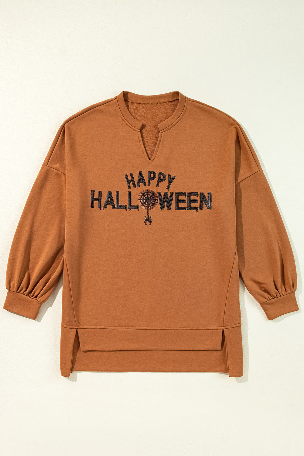 Sequin Happy Halloween Graphic Notched Neck Long Sleeve Loose Top