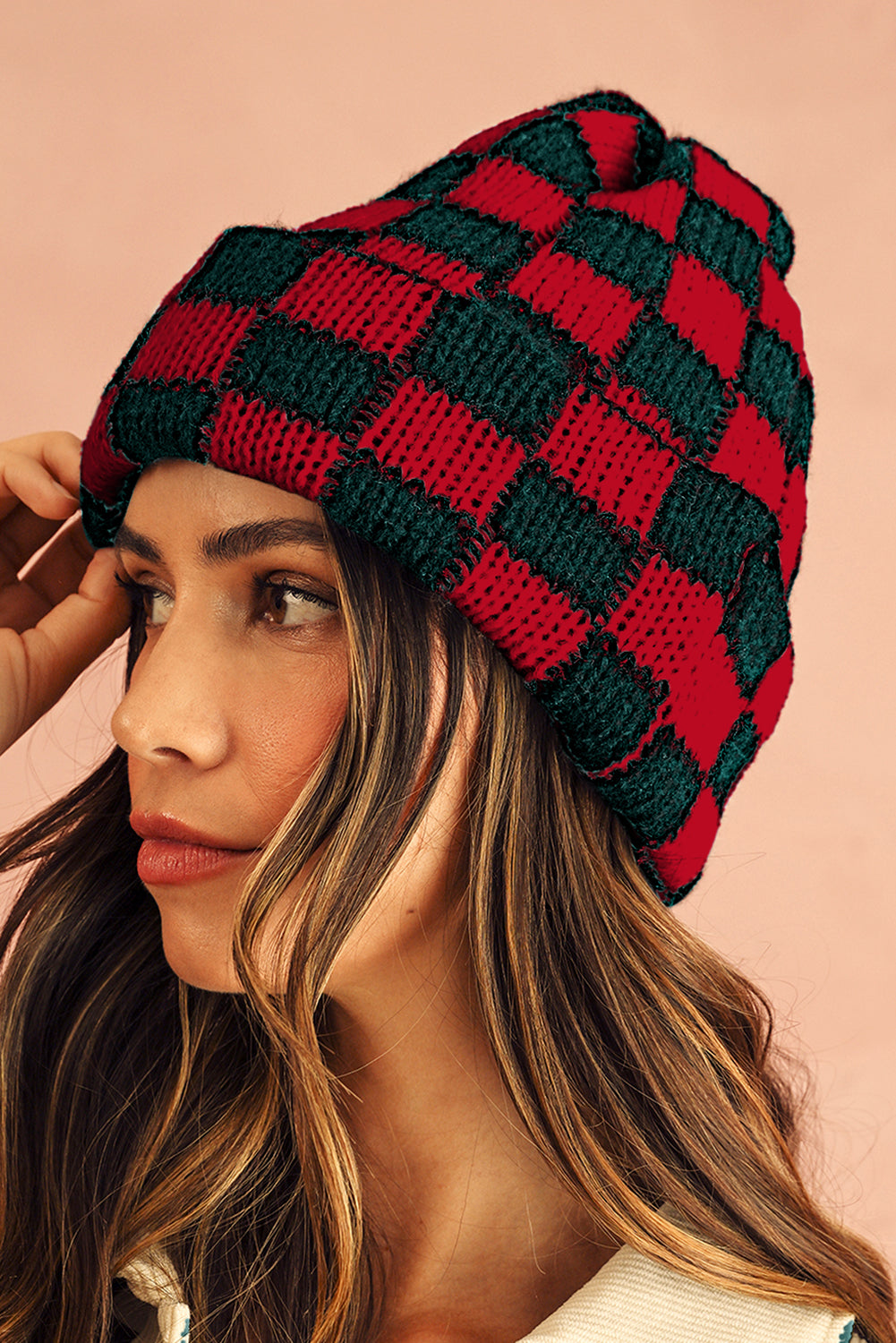 Zweifarbige, karierte, gefaltete, randlose Beanie-Mütze