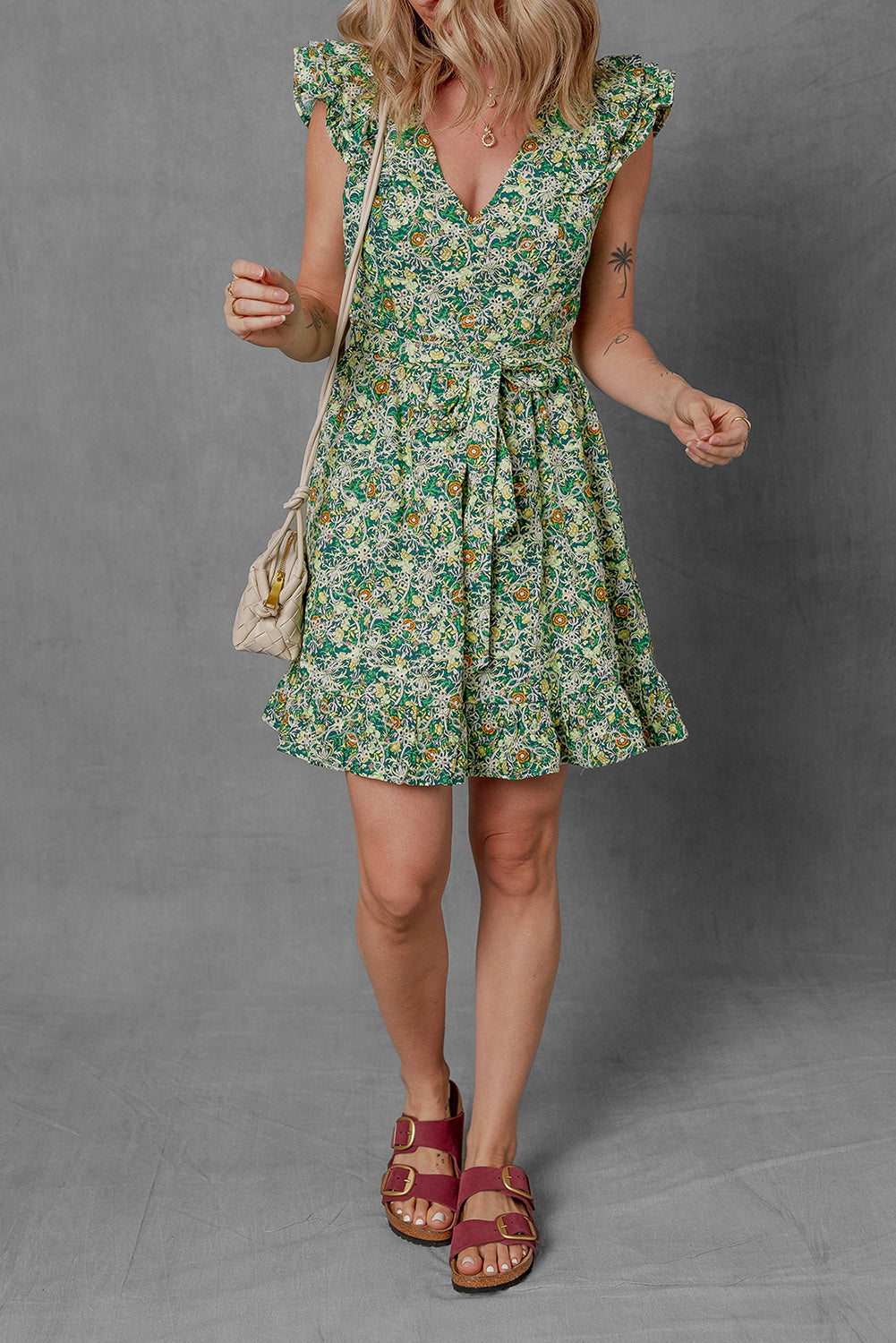 Flower Print Flutter Sleeve V Neck Sashed Ruffled Mini Dress