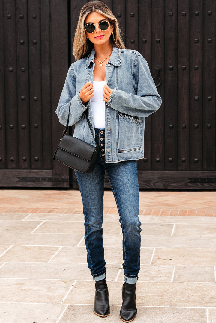 Scallop Trim Collar Patched Pocket Button Up Denim Jacket