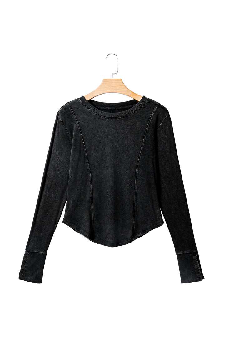 Black Exposed Seam Ribbed Long Sleeve Top
