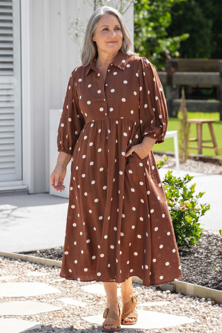 Brown Polka Dot Abdomen Pocket Gathered Cuffs Long Sleeve Shift Plus Size Dress