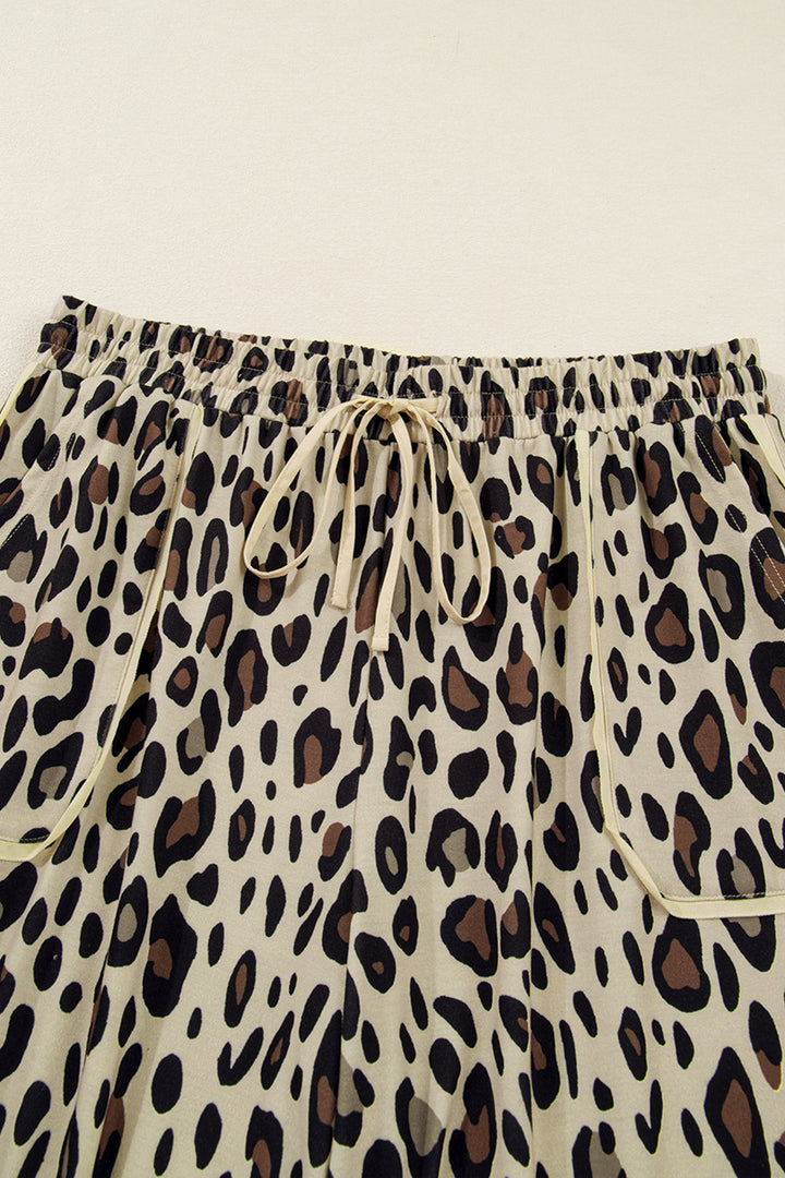 Khaki Exposed Seam Patched Pocket Plus Size Drawstring Leopard Wide Leg Pants