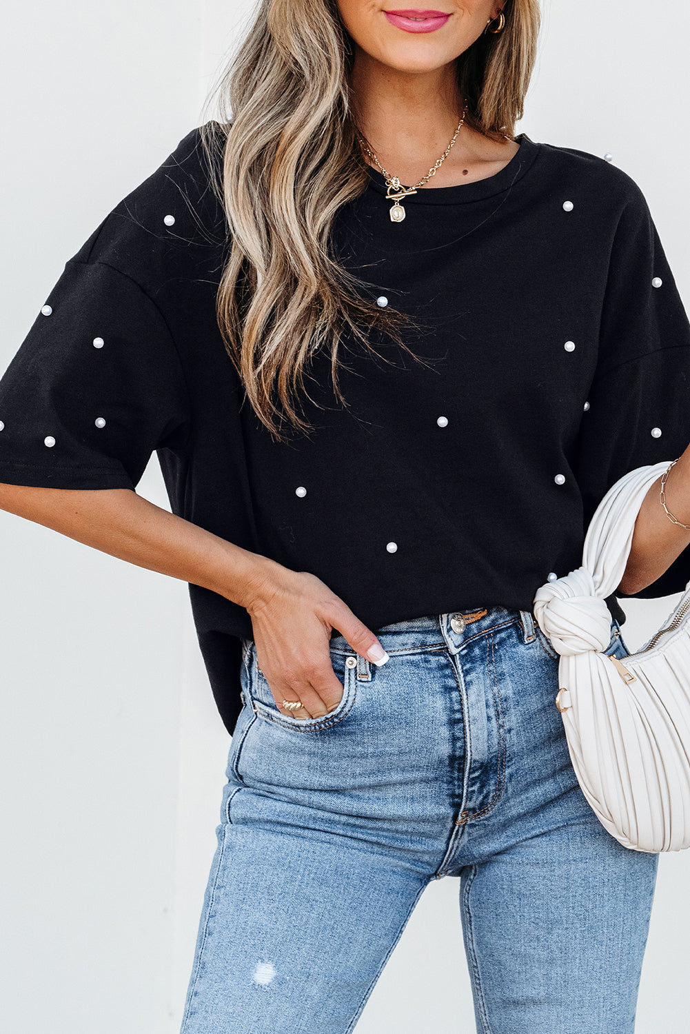 Pearl Beaded  Drop Shoulder Crewneck T Shirt