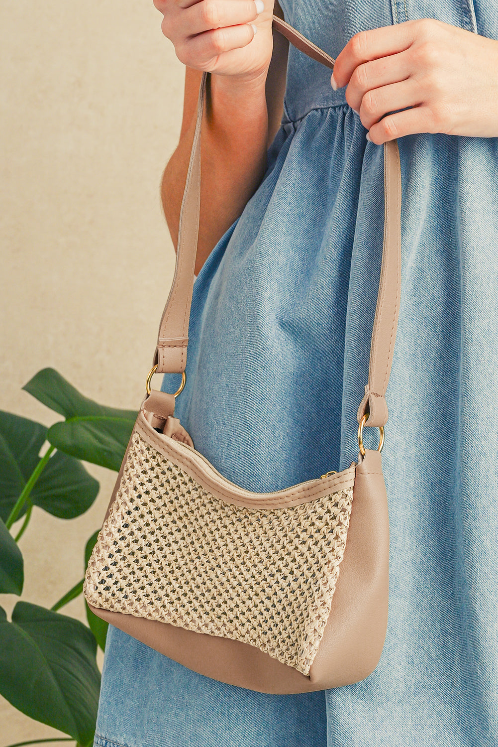 Straw Woven PU Leather Patchwork Shoulder Bag