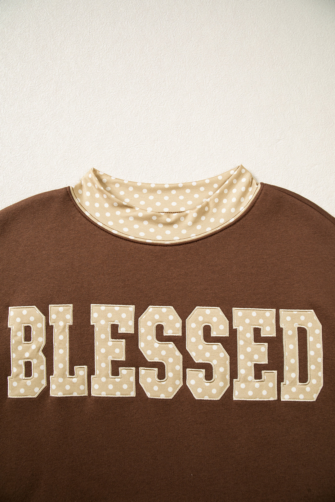 Coffee Polka Dot Trim High Neck BLESSED Letter Graphic Baggy Sweatshirt