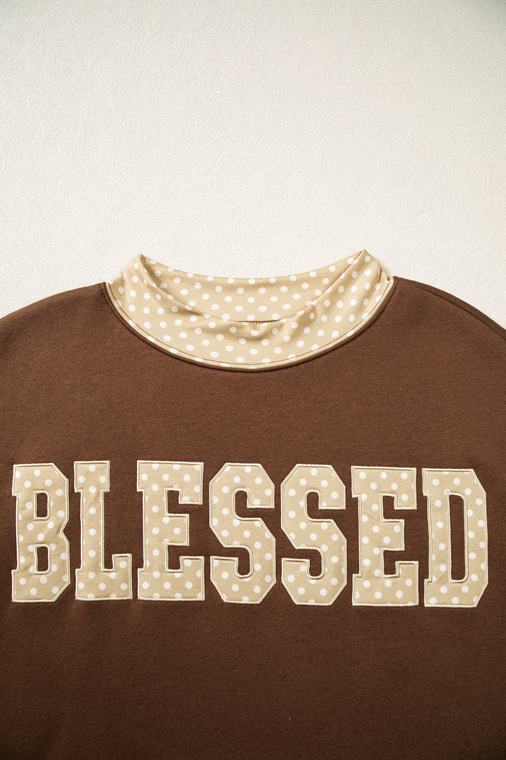 Coffee Polka Dot Trim High Neck BLESSED Letter Graphic Baggy Sweatshirt