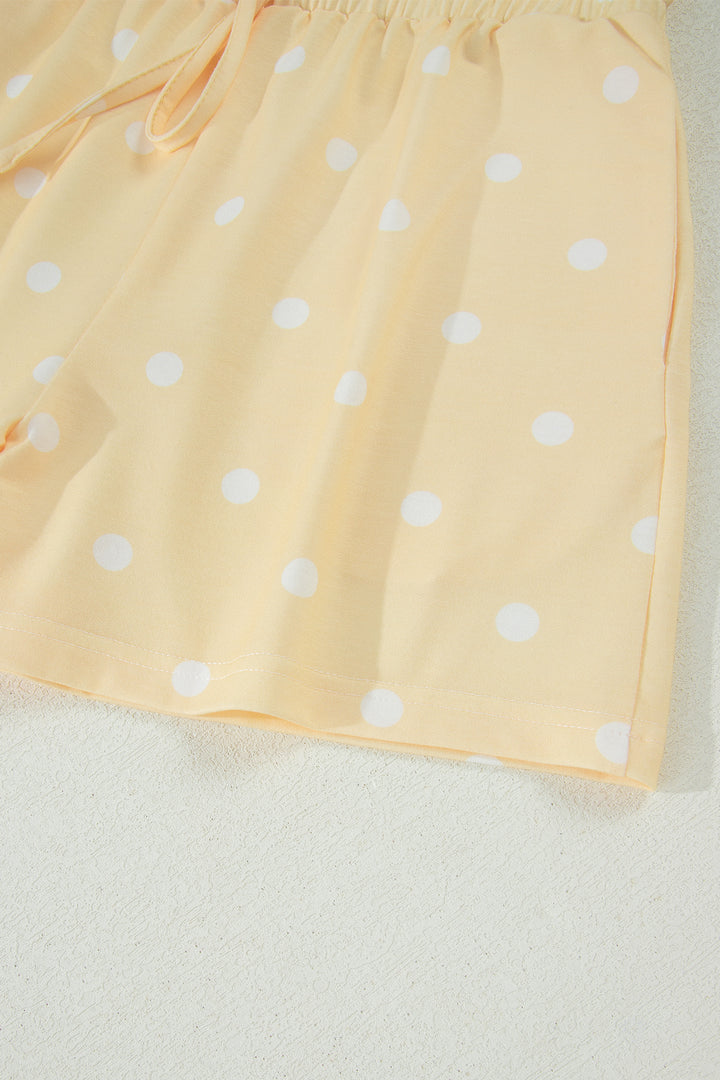 Yellow Polka Dot Short Sleeve Loose Top Drawstring Shorts Set