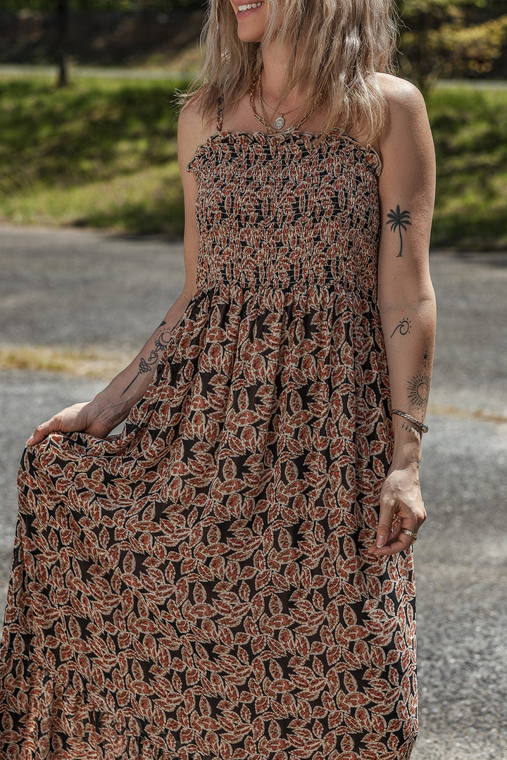 floral smocked bodice high waist flowy sun dress