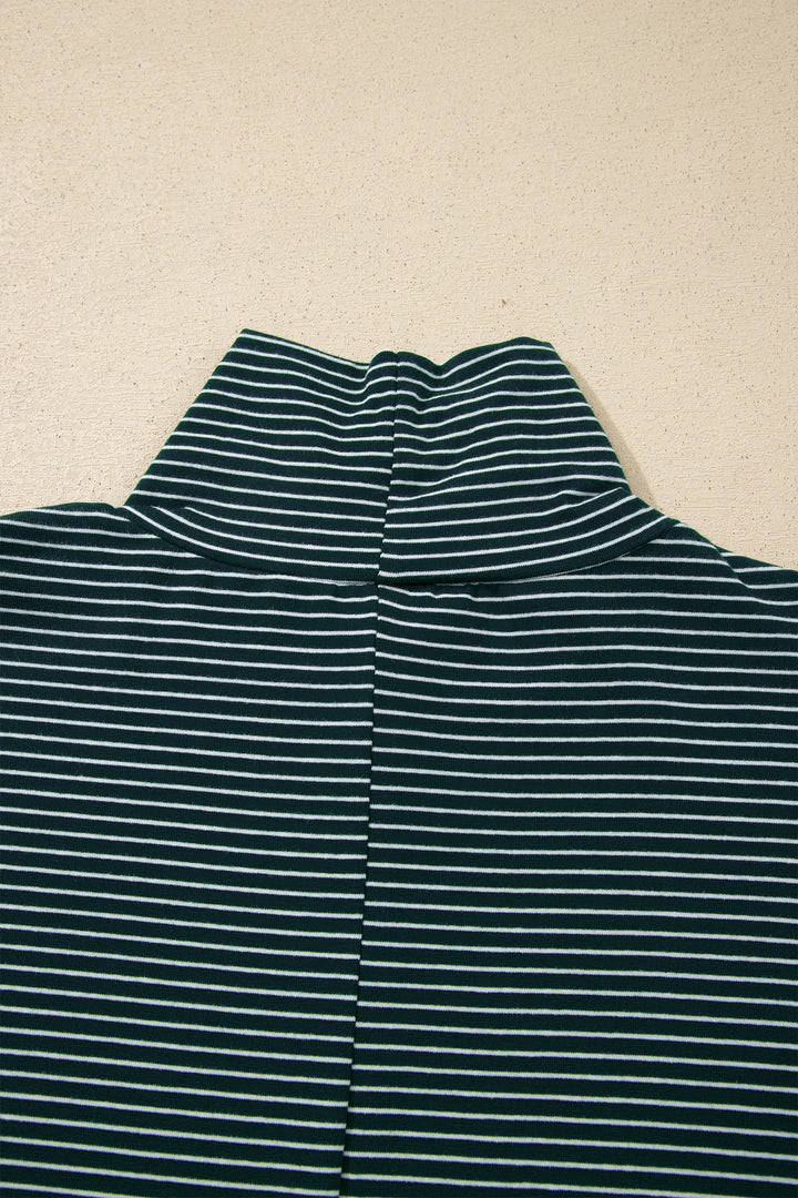 Green Stripe High Neck Dropped Shoulder Long Sleeve Casual Top