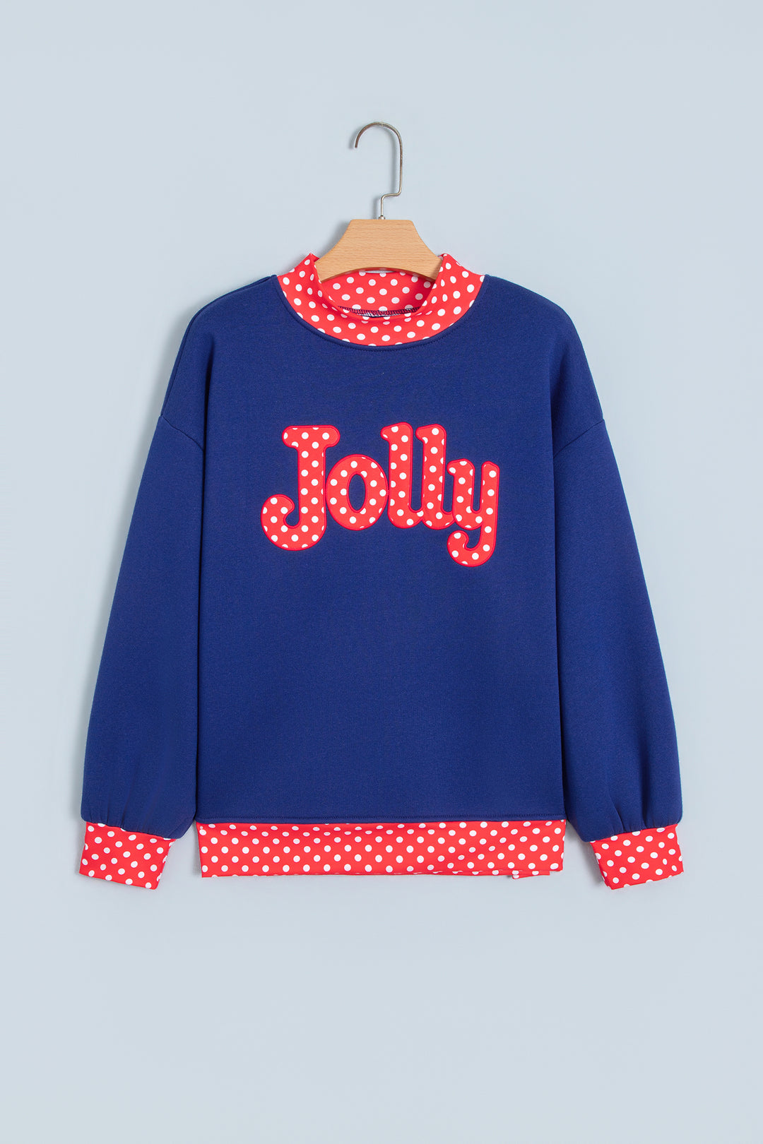Dirty blue Polka Dot Letter Print Contrast Trim Mock Neck Sweatshirt