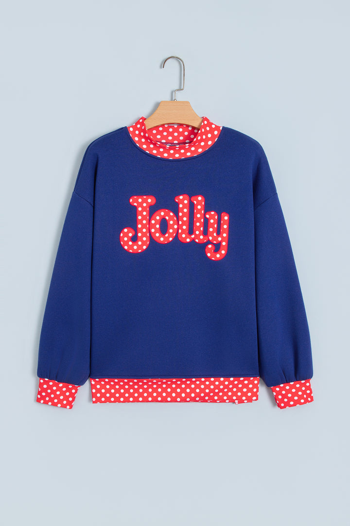 Dirty blue Polka Dot Letter Print Contrast Trim Mock Neck Sweatshirt