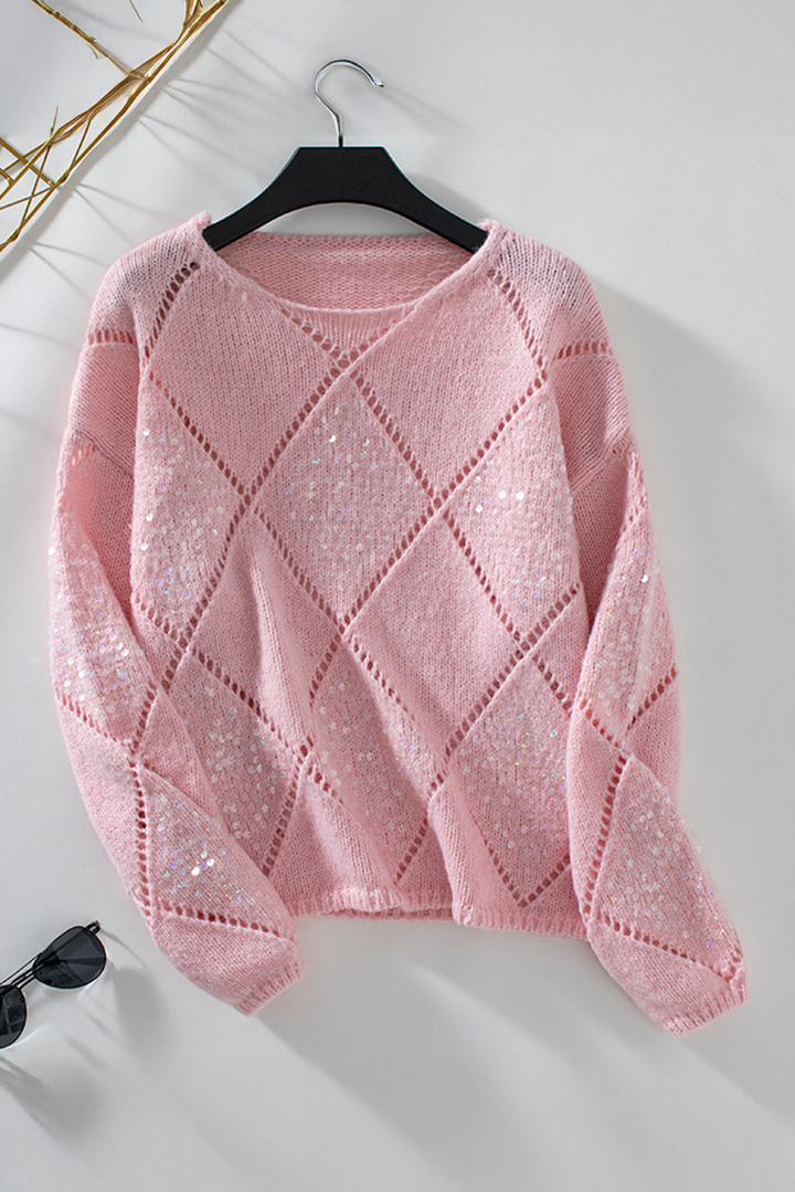 Light Pink Hollowed Rhombus Pattern Sequin Detail Round Neck Sweater