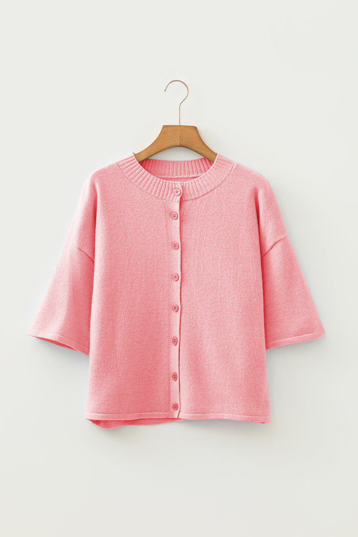 Peach Blossom 3/4 Sleeve Boxy Knit Button Down Sweater Cardigan
