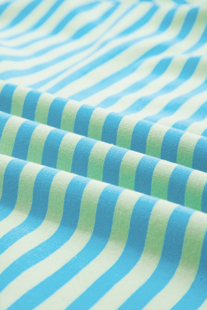 Green Stripe Color Block Detail Long Sleeve Pullover Elastic Waist Pull On Shorts 2pcs Set