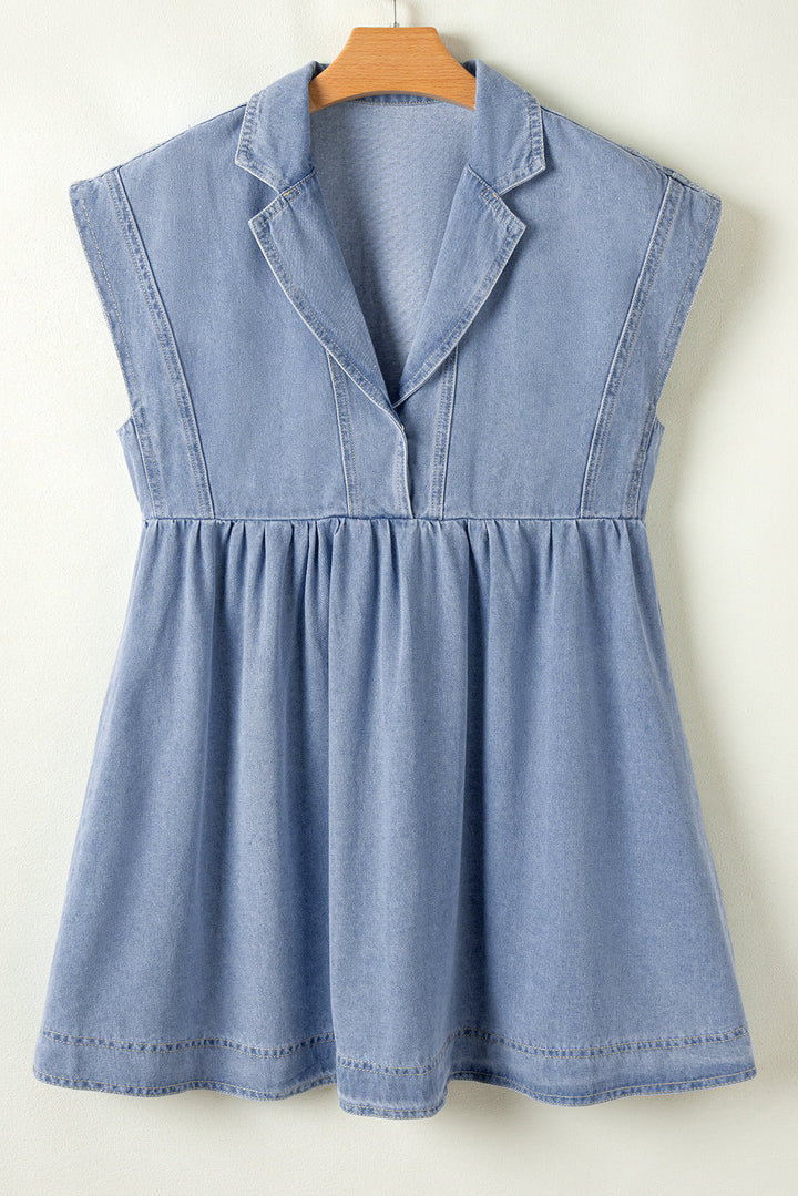 Lapel Neck Cap Sleeve High Waist Denim Babydoll Dress