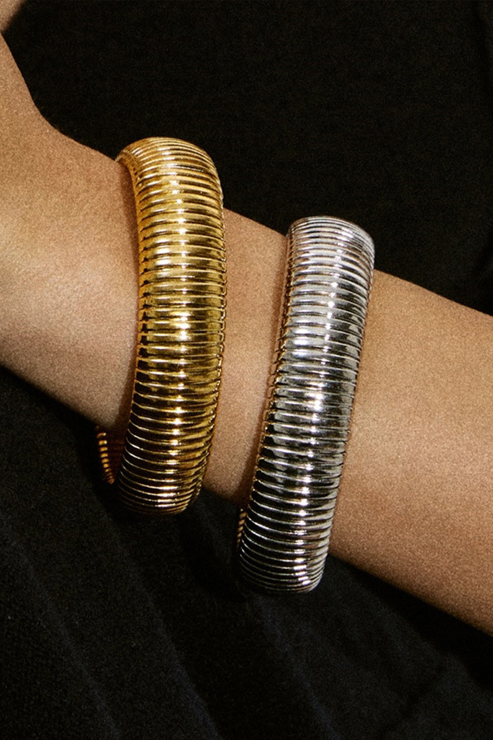 Textured Striped Plated Titanium Steel Chunky Bangle