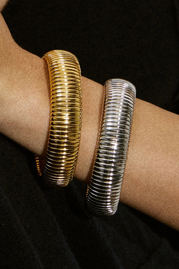 Textured Striped Plated Titanium Steel Chunky Bangle
