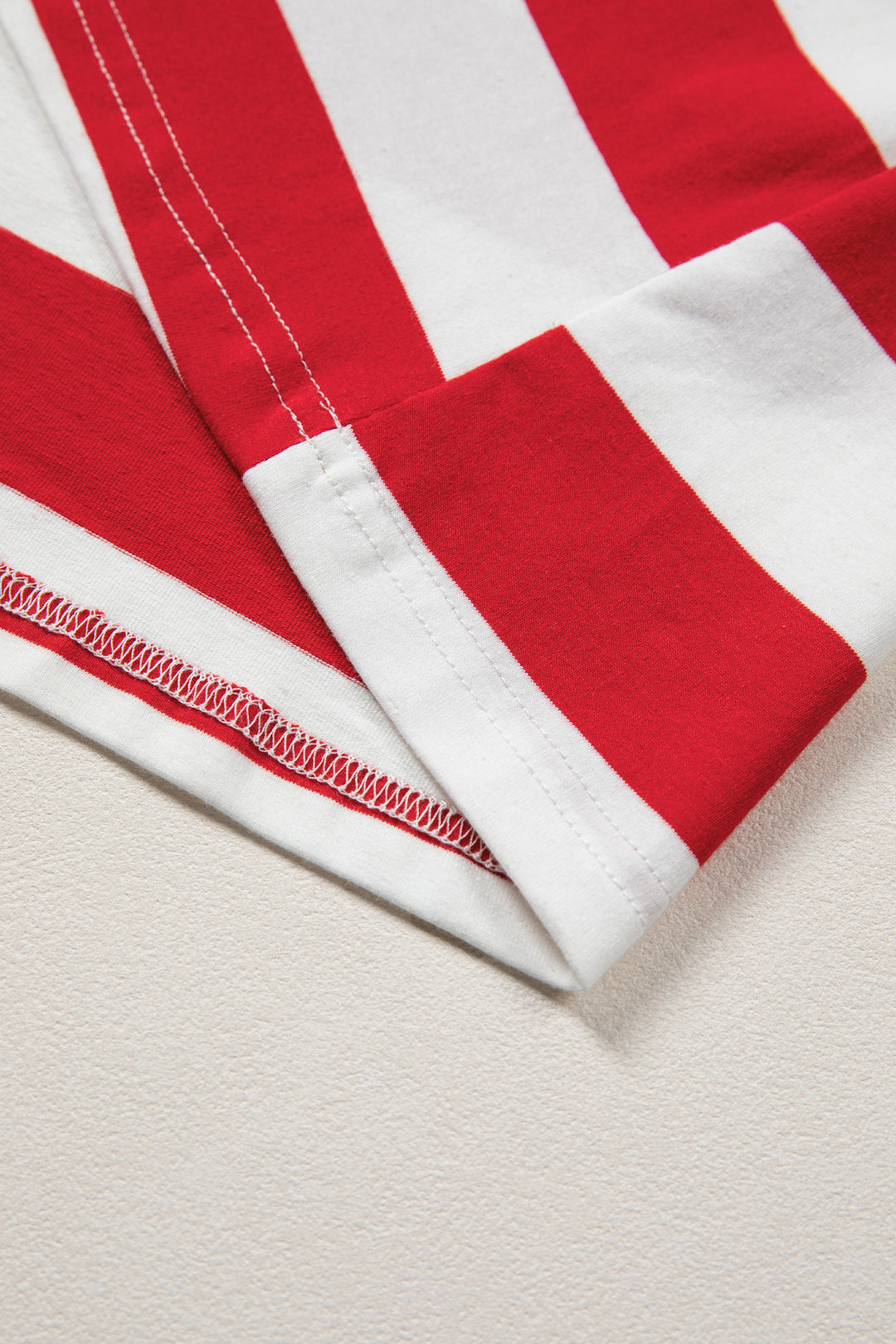 Red Stripe Contrast Trim Round Neck Short Puff Sleeve Shift Mini Dress