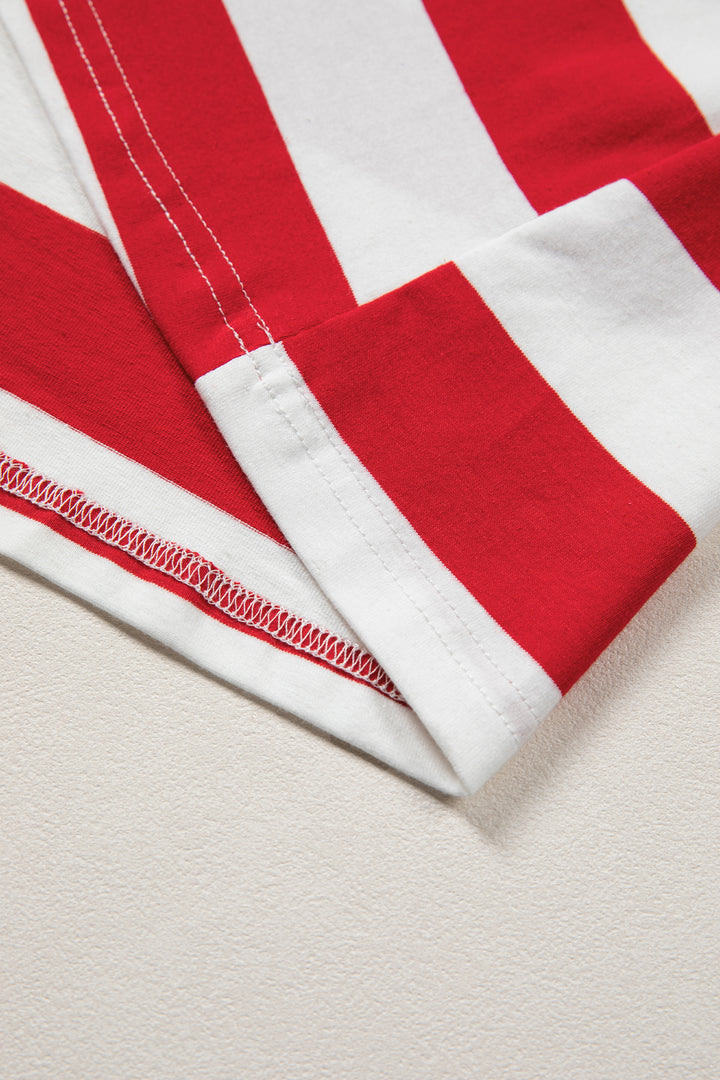 Red Stripe Contrast Trim Round Neck Short Puff Sleeve Shift Mini Dress