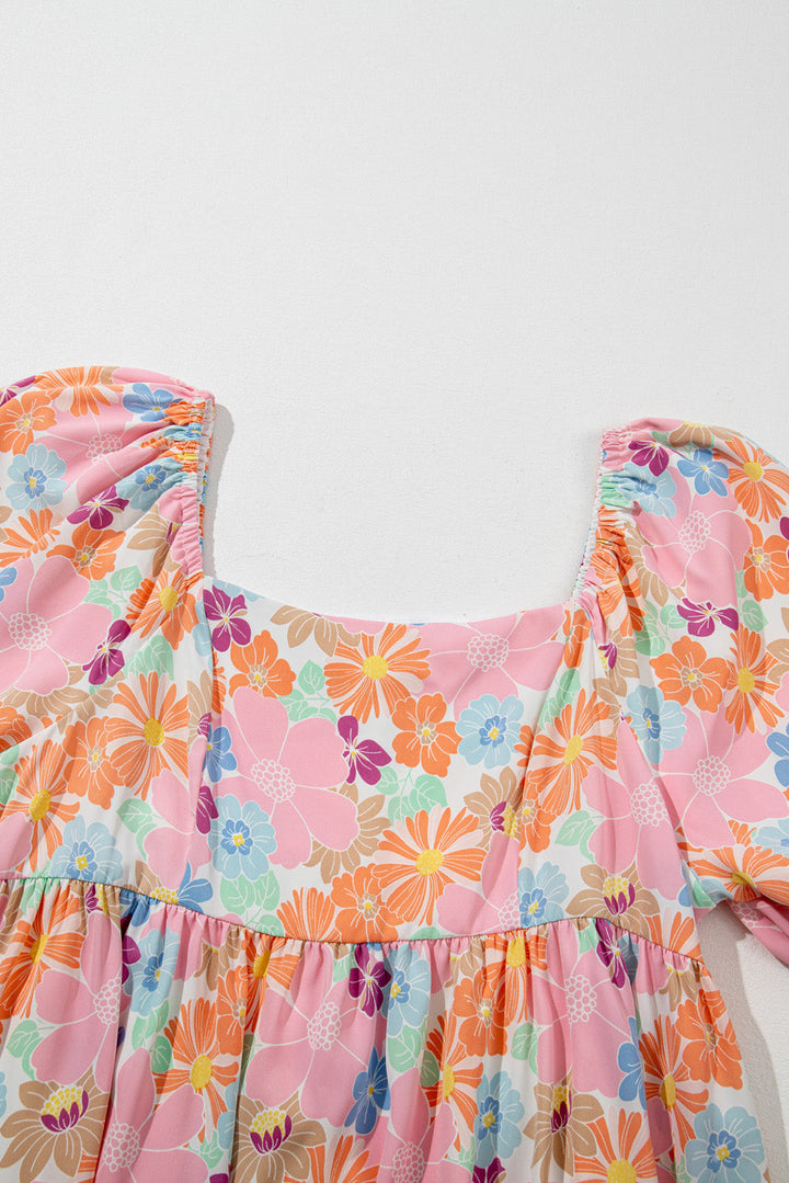 Floral Puff Sleeve Square Neck Plus Babydoll Dress