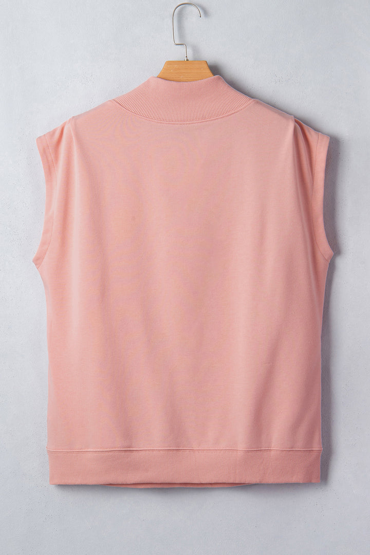 Pink Solid Color High Neck Cap Sleeve Loose Top