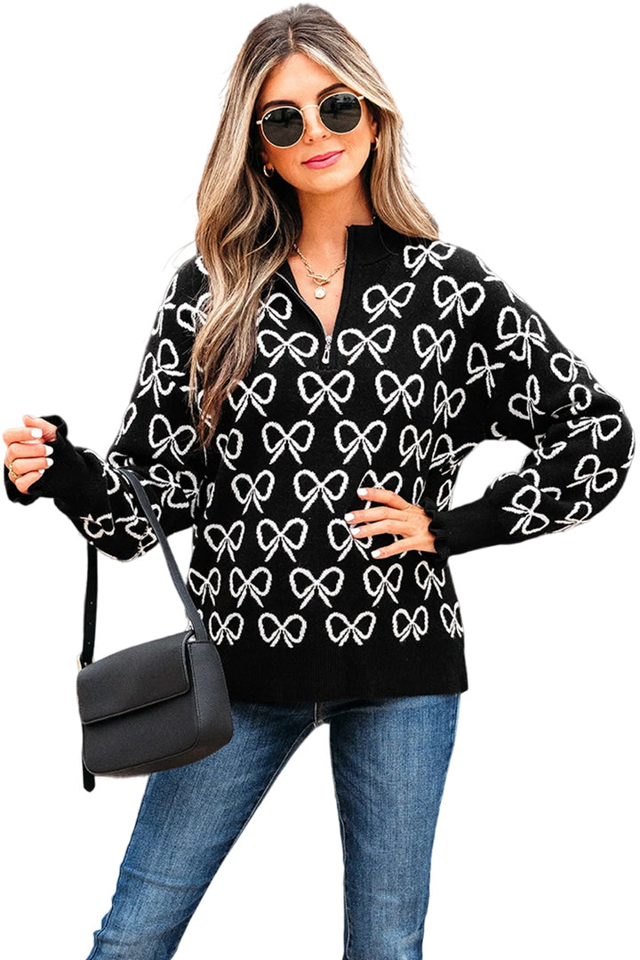 Cute Bow Pattern Drop Shoulder Zipped Collar Sweater