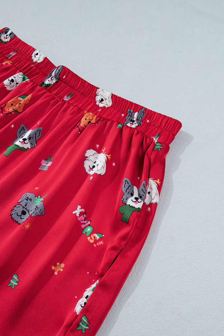 Racing Red Festive Dog Print Short Sleeve Two Piece Lounge Set