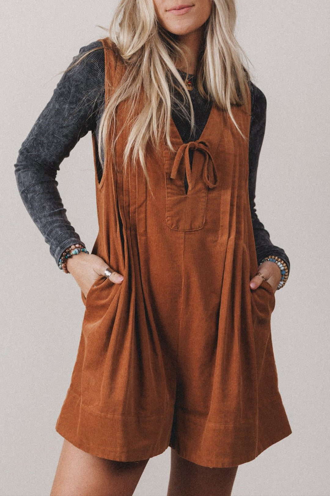 Cinnamon Tie V Neck Sleeveless Corduroy Romper