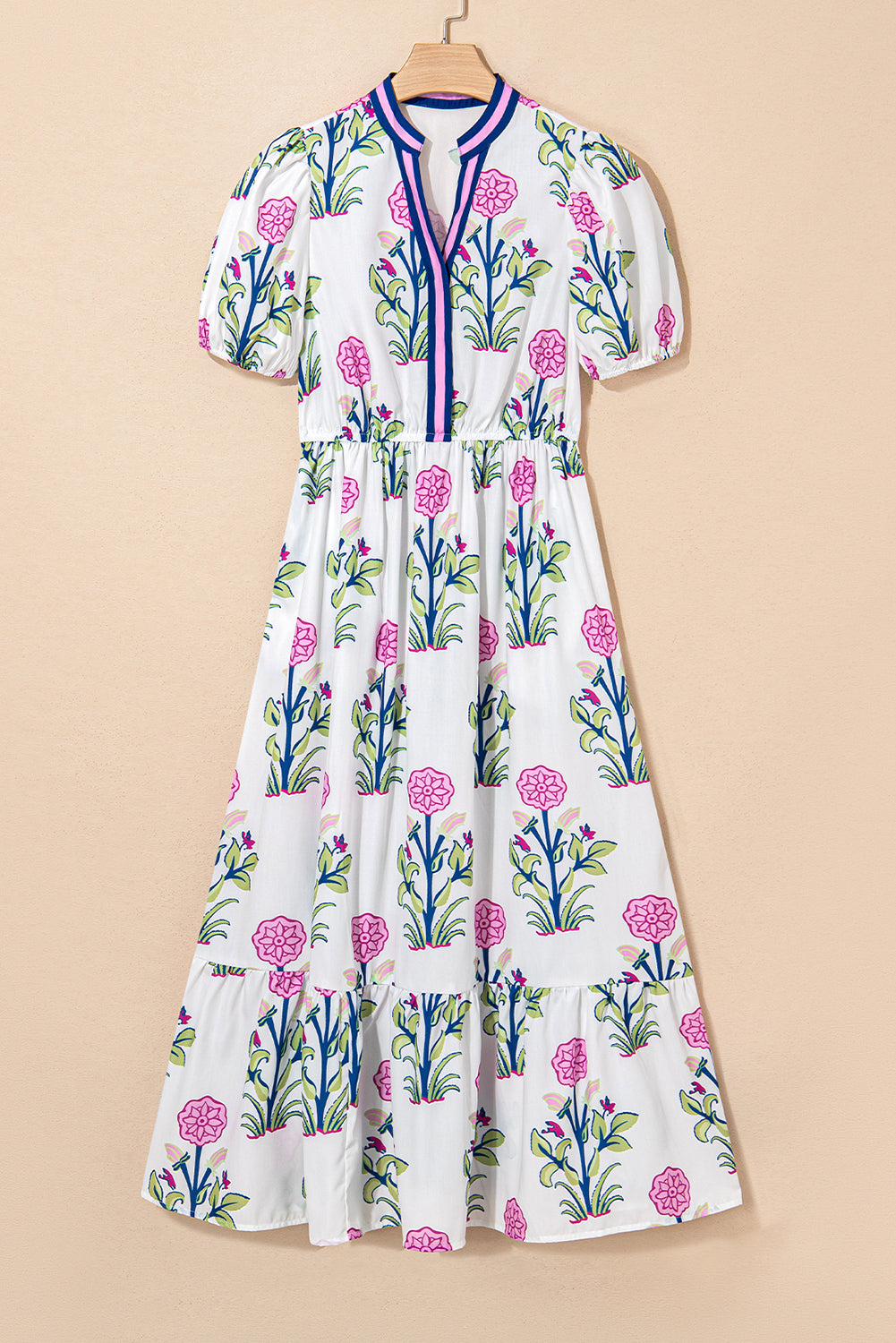 Chic White Floral Puff Short Sleeve V Neck Maxi Dress