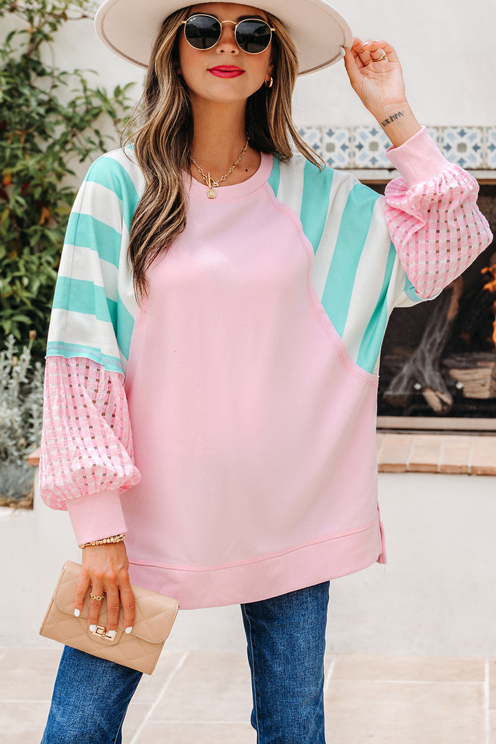 Cute Pink Striped Patchwork Raglan Pullover Top with Slits