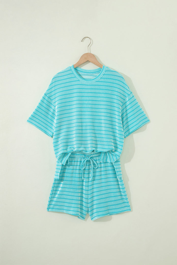 Sky Blue Stripe Raised Rib Loose Tee Drawstring Elastic Waist 2pcs Short Set