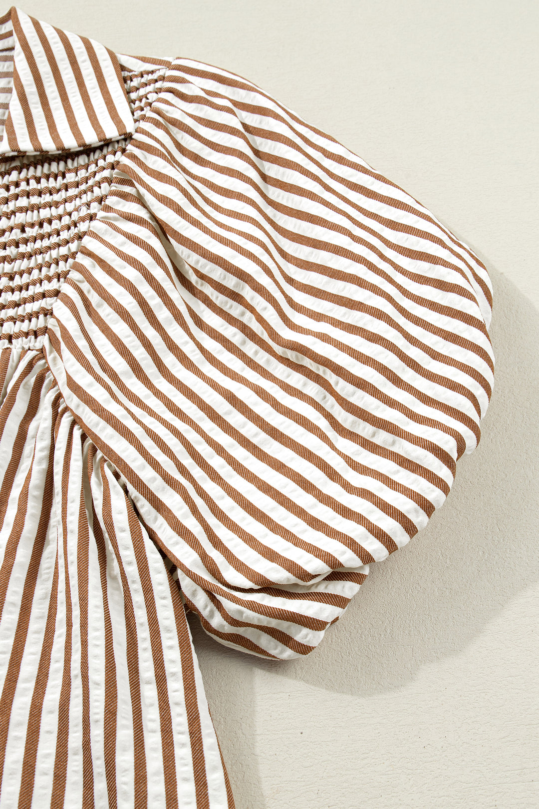 Shirred V Neck Short Puff Sleeve Blouse