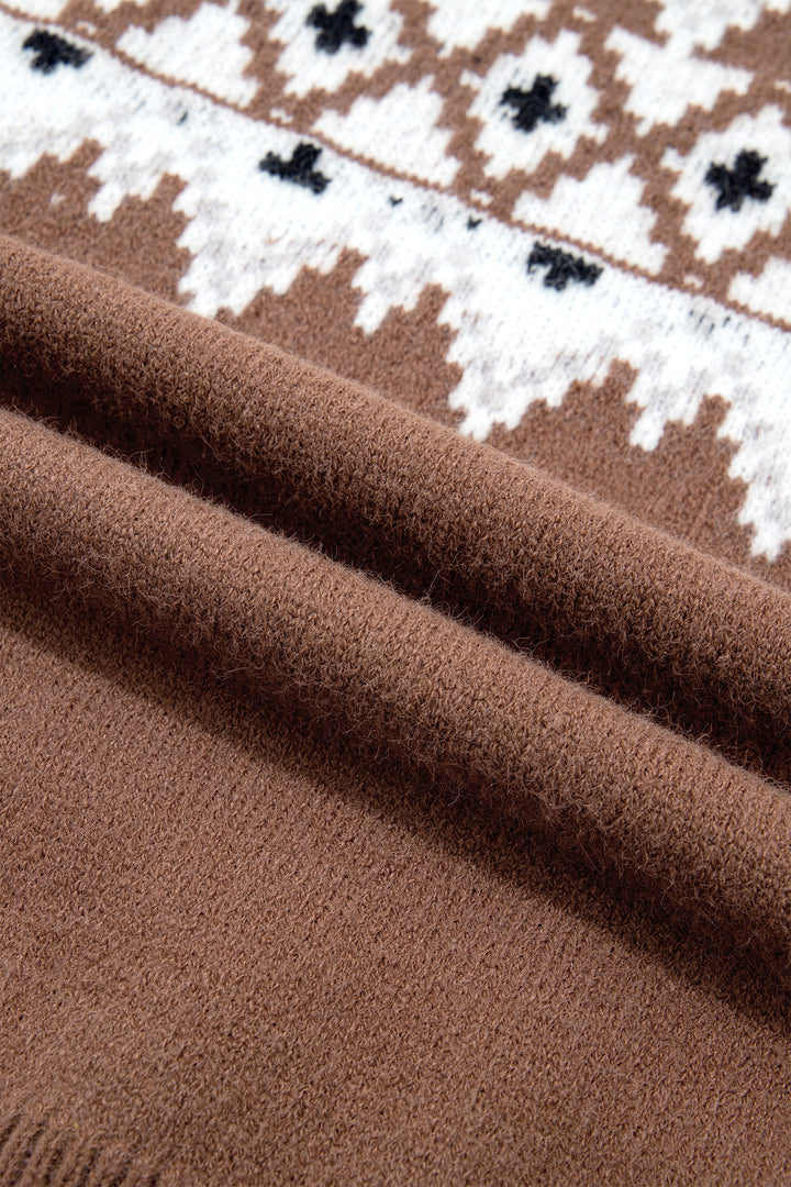 Khaki Geometric Print Casual Pullover Sweater