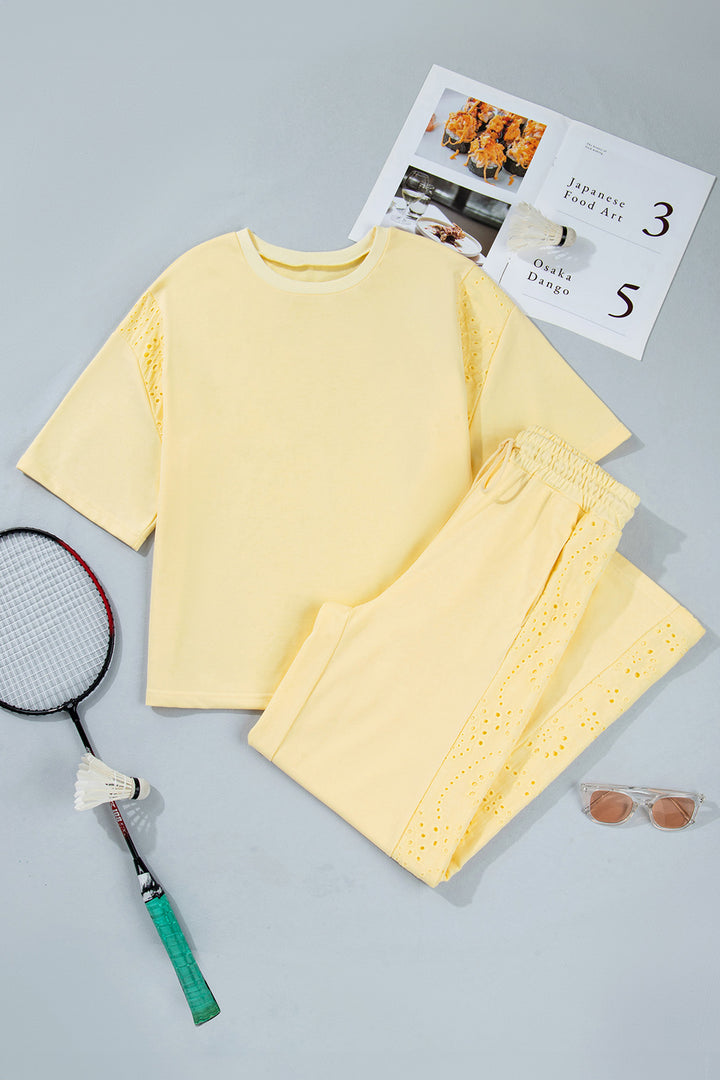 Yellow Cream Lace Patchwork Half Sleeve Top Elastic Waist Pants Two Piece Set