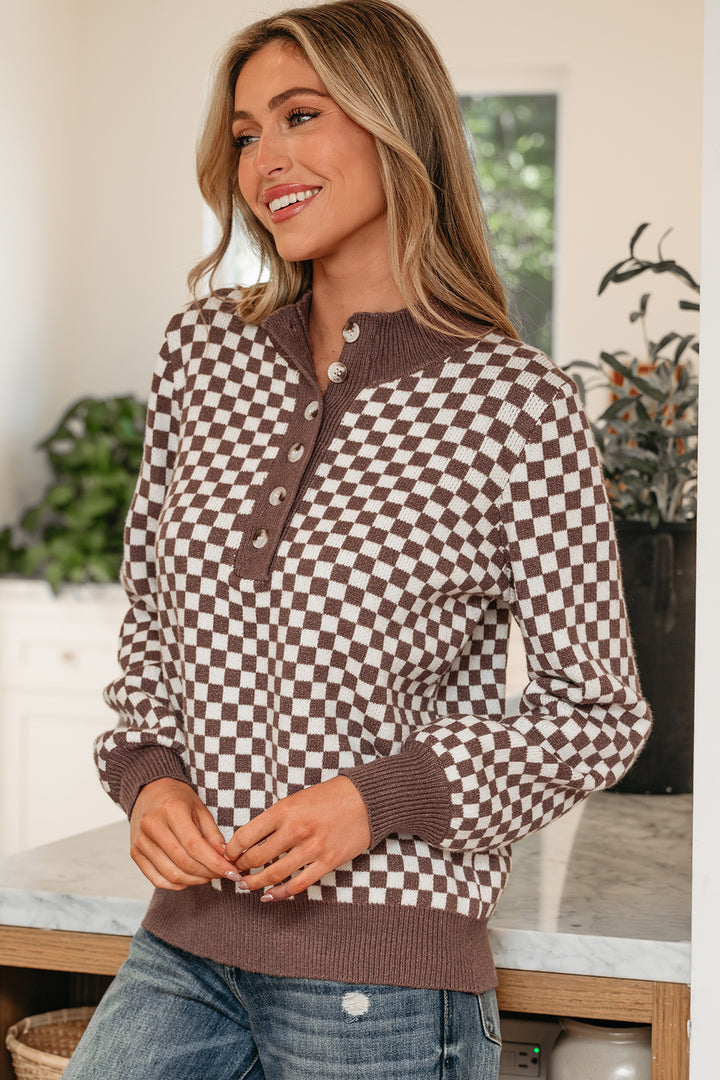 Half Button Ribbed Trim Checkerboard Knit Sweater