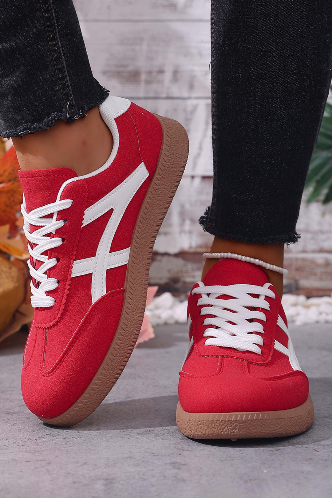 Faux Suede Contrast Patchwork Detail Lace Up Flat Sneakers