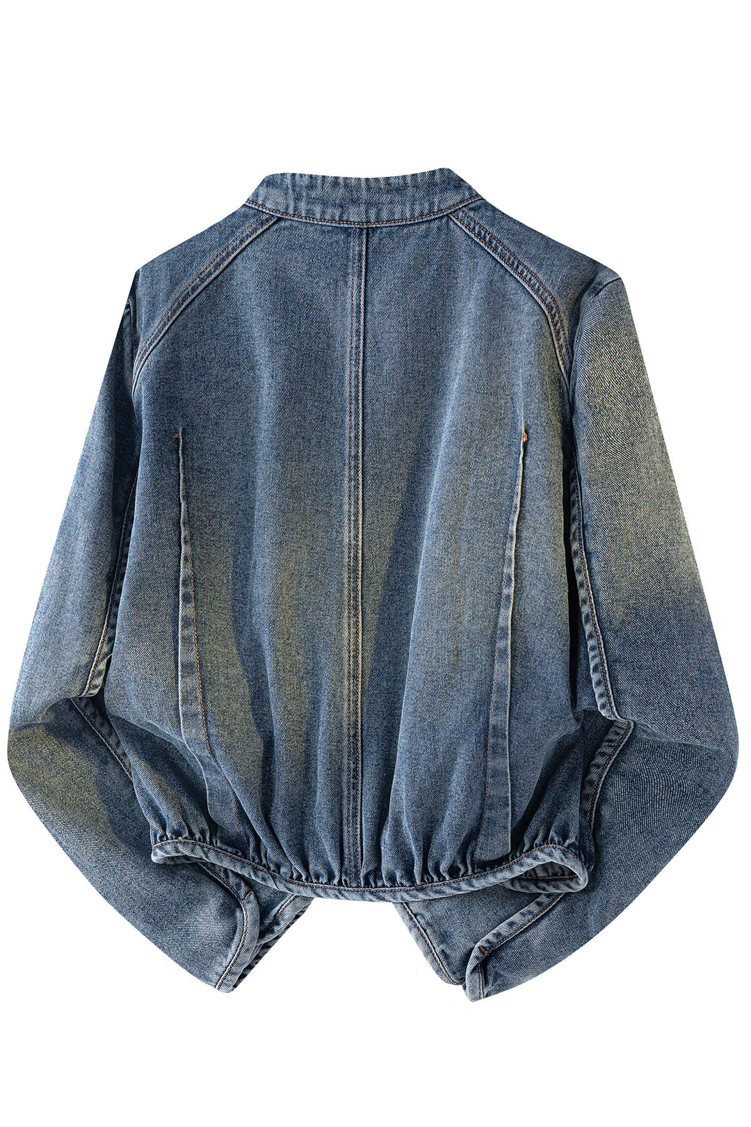 Navy Blue Button Collar Zip Up Vintage Washed Denim Jacket