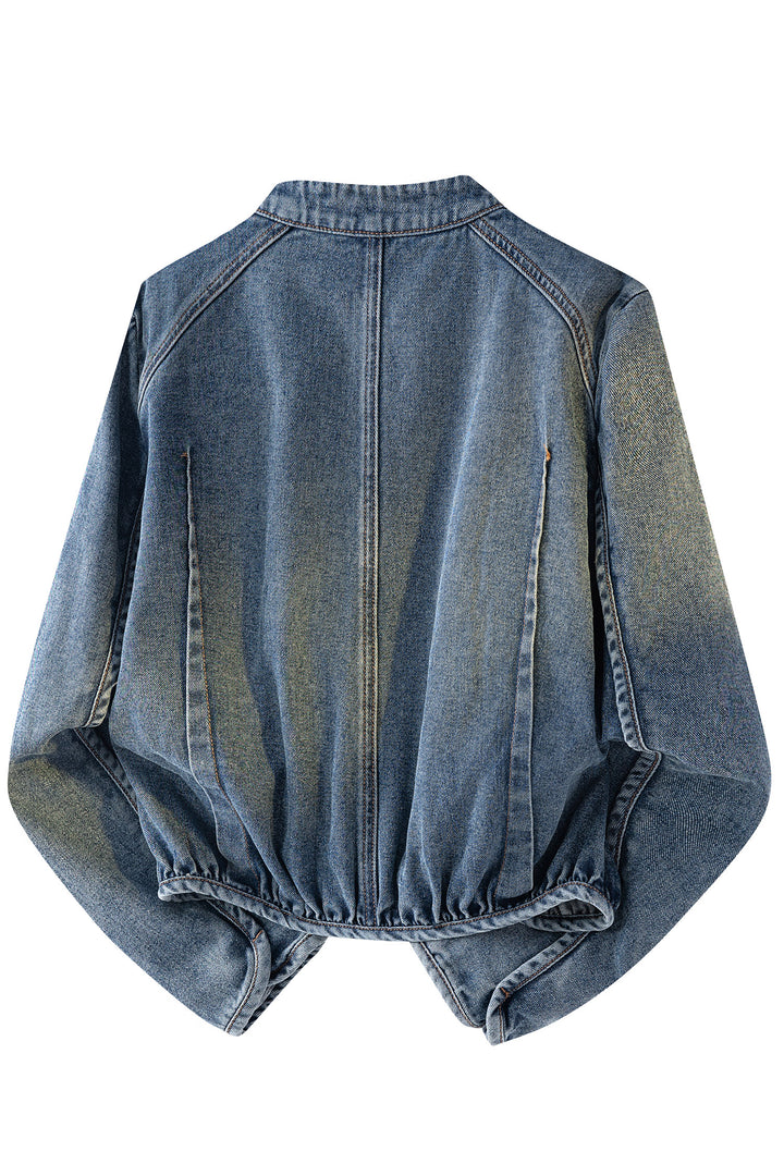 Navy Blue Button Collar Zip Up Vintage Washed Denim Jacket