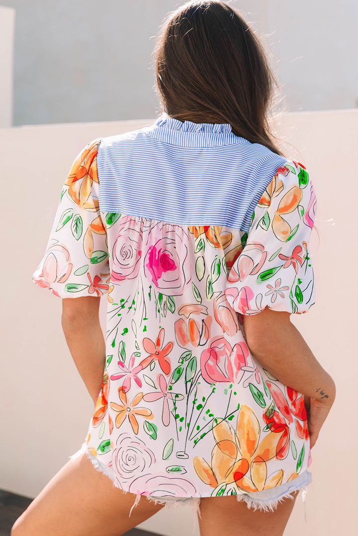 DEARLOVER  Floral Print Striped Yoke Frilled V Neck Puff Short Sleeve Blouse