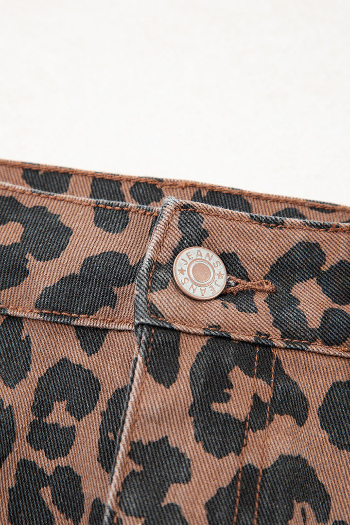 Brown Leopard Print Frayed Edge Denim Skirt Long Casual Daily Wear