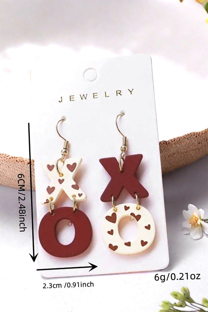 Boucles d'oreilles pendantes à crochet avec lettre XOXO imprimée en forme de cœur