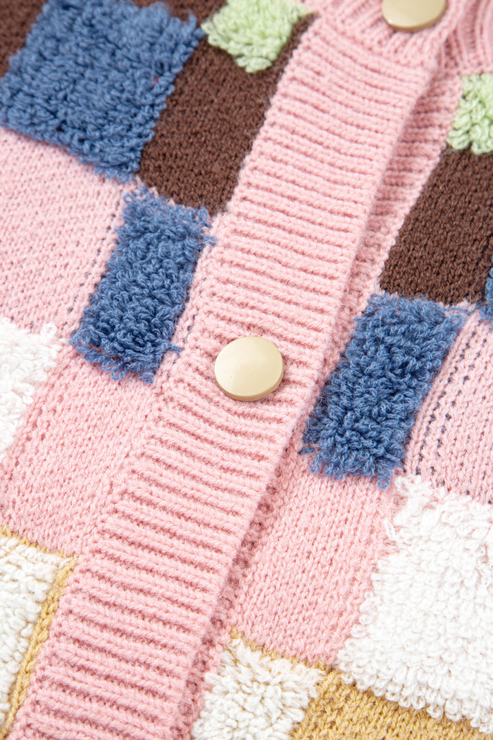 Plush Checkered Pattern Button Front Cardigan Sweater