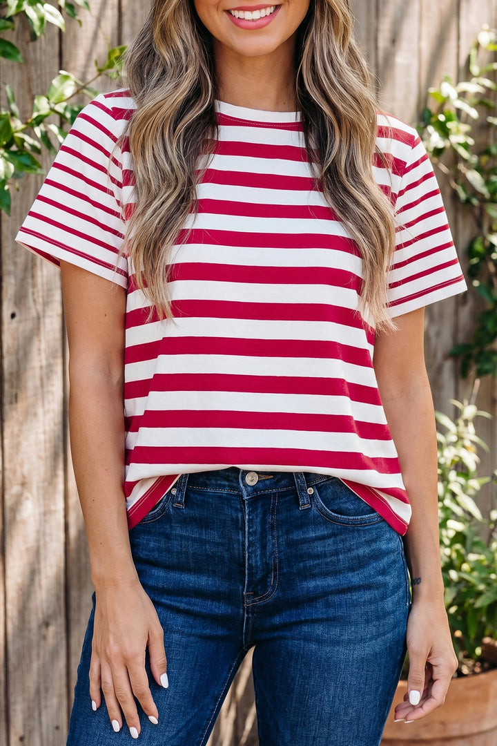 Red Stripe Patchwork Round Neck Short Sleeve T Shirt