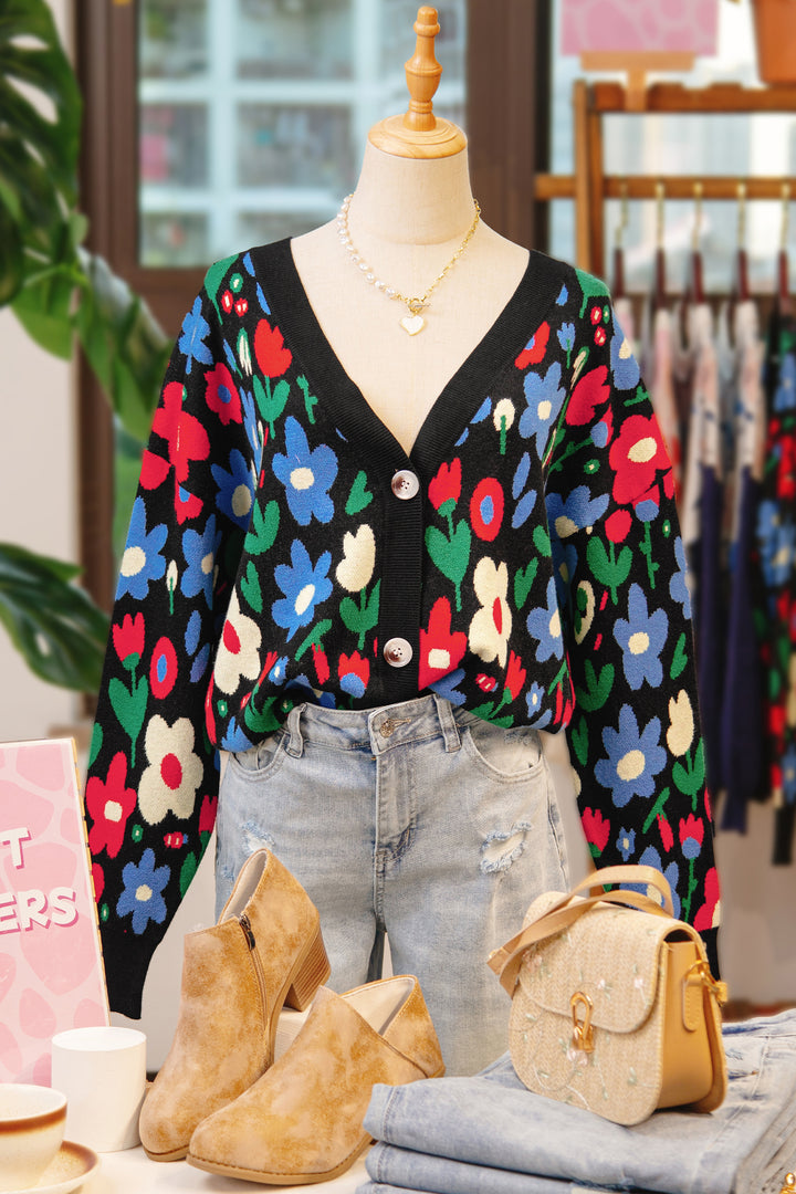 Black Floral Print V Neck Buttoned Short Cardigan Sweater