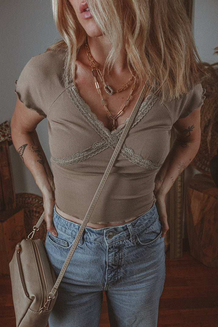 Lace Splicing Criss Cross Slim Fit V Neck T Shirt