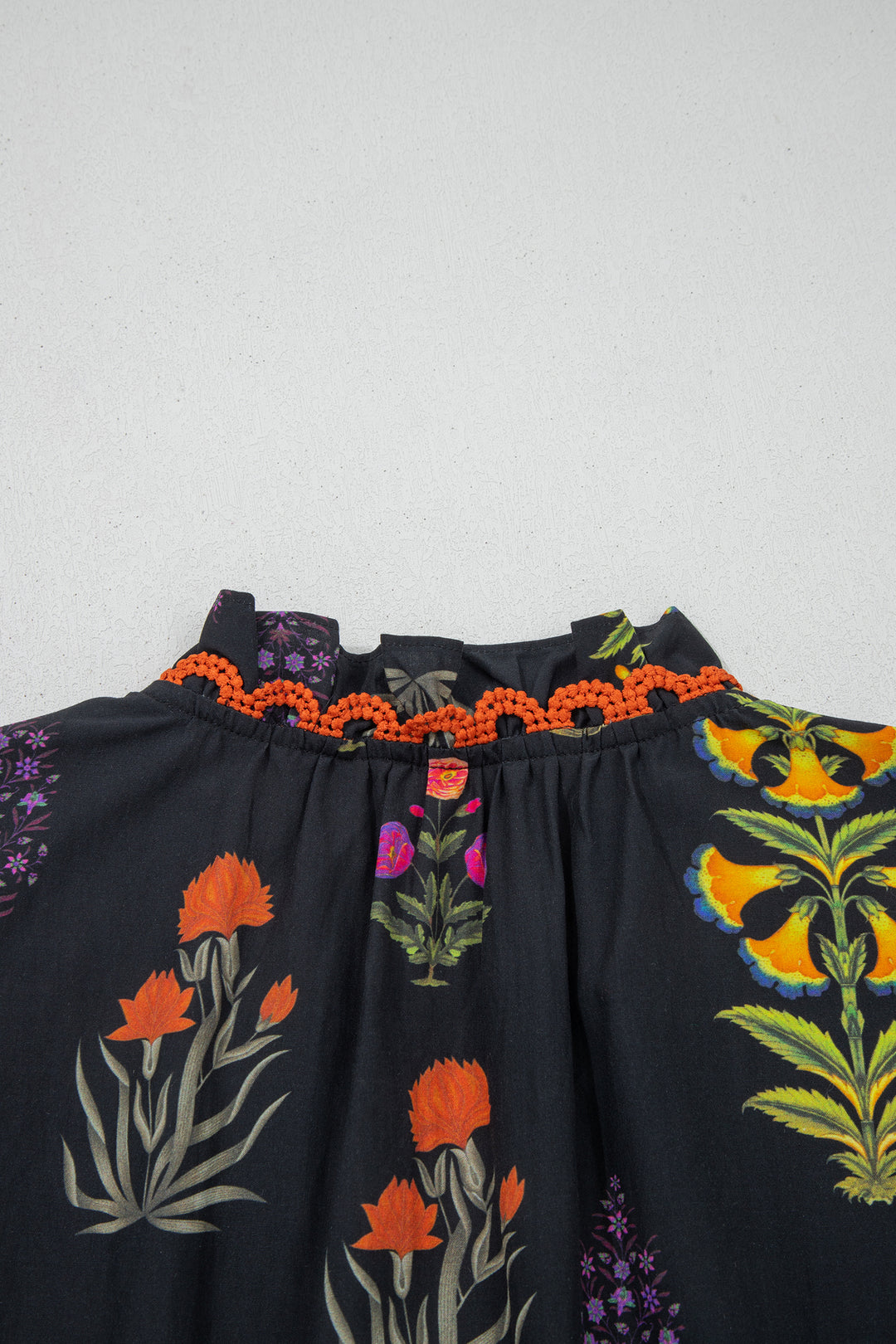 Floral Print Lace Trim Frilled V Neck Short Sleeve Shirt